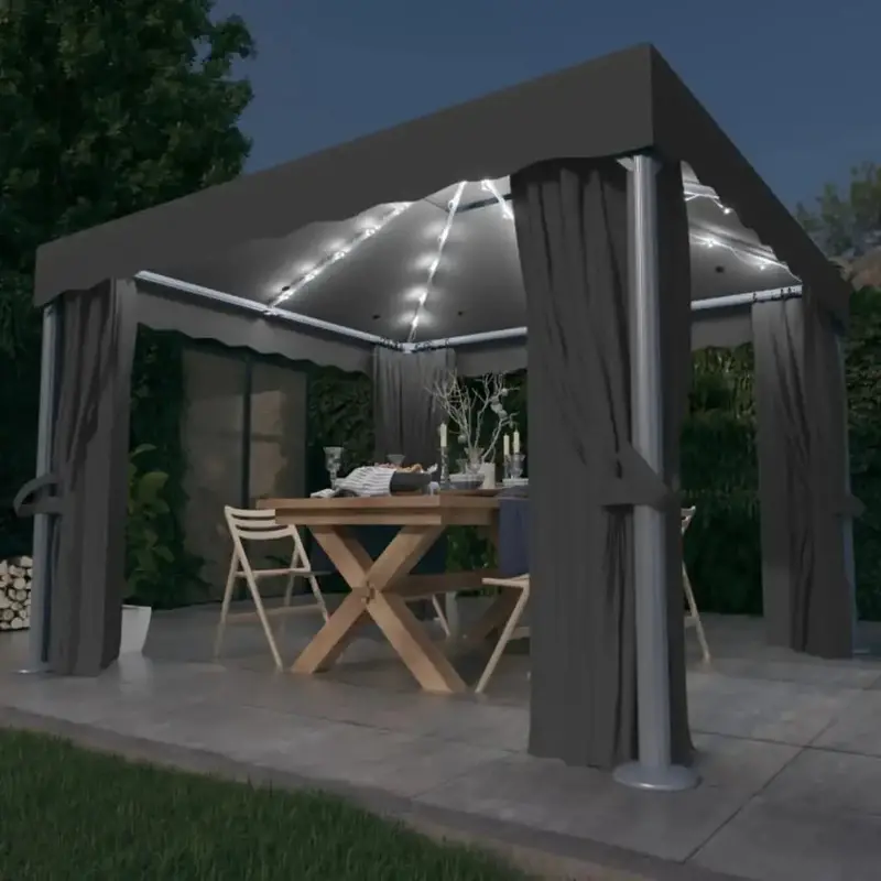 Anthracite Gazebo with Decorative Curtains & LED Lighting – 3x3m Cozy Outdoor Entertainment Tent