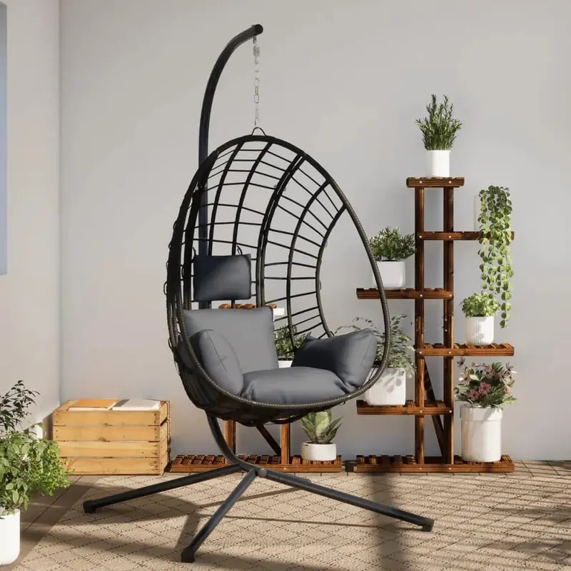 Anthracite Natural Rattan Hanging Egg Chair | Rustic Swing Seat with Boho Charm