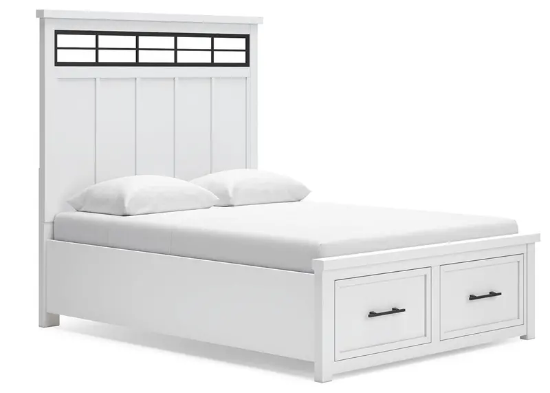 Ashbryn White & Natural Wood Queen Panel Bed with Built-in Storage