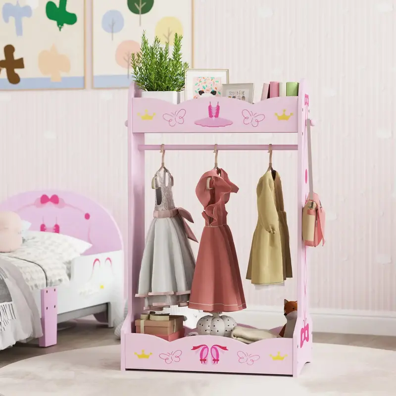 Ballerina-Themed Kids Wardrobe Hanger – Pink Standing Clothes Rack with Storage Shelves