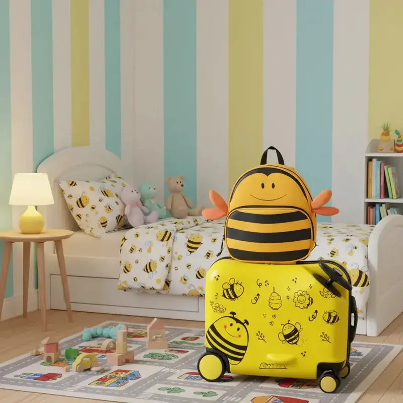 Bee-Themed Kids Ride-On Luggage Duo – 18-Inch Hard-Shell Suitcase + 12-Inch Backpack Combo