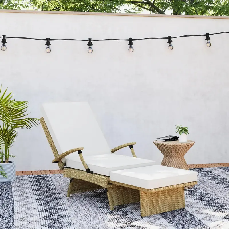 Beige-and-White Rattan Lounger Featuring 80° Adjustable Recline & Plush Cushions