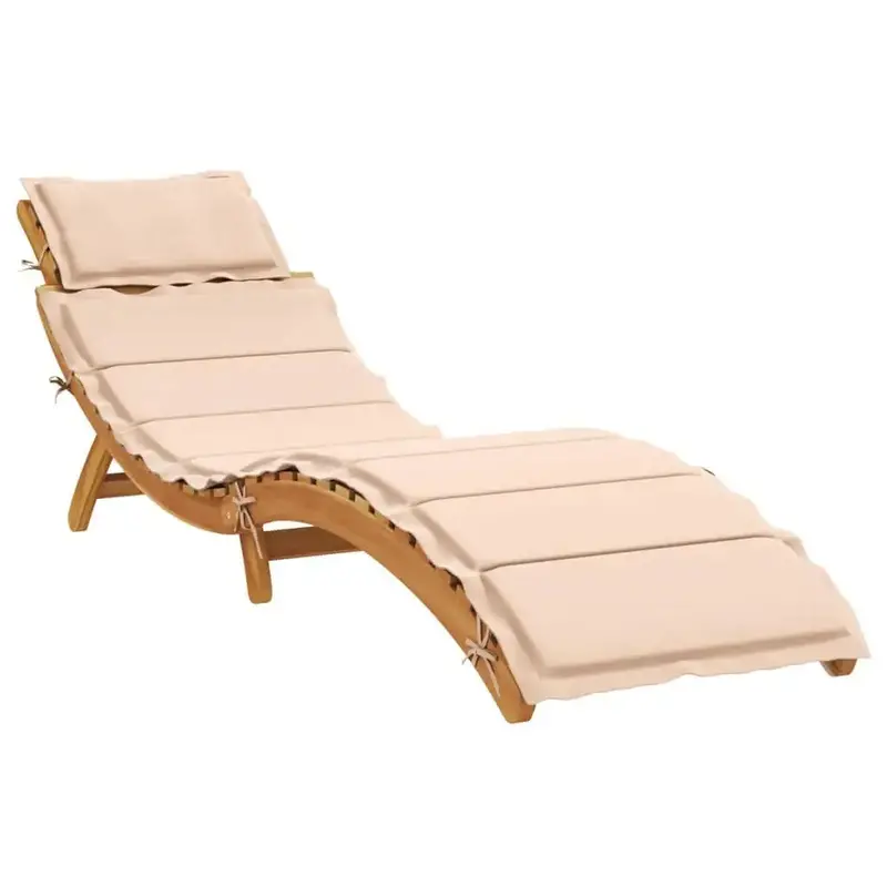 Beige Cushioned Sun Lounger with Solid Acacia Wood Frame