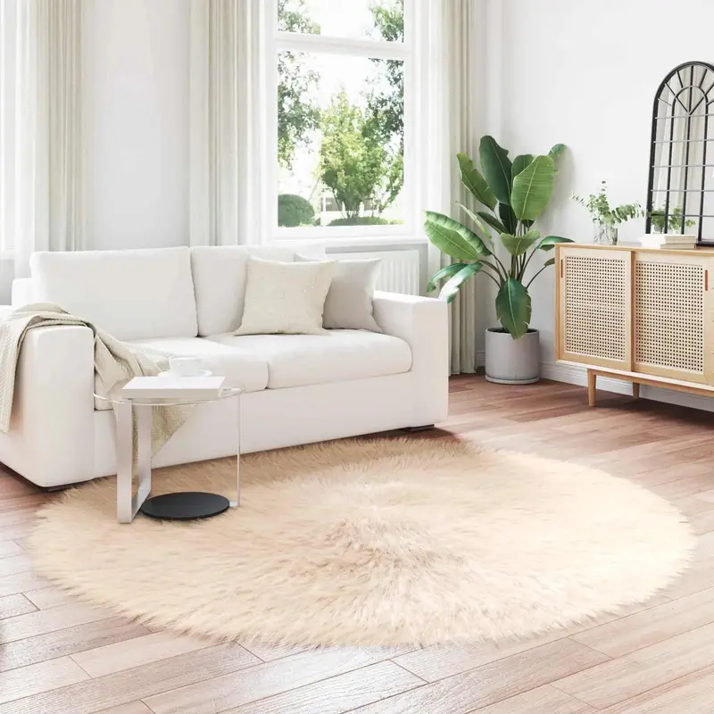 Beige Round Faux Sheepskin Rug – 200cm Plush Polyester Area Rug with Luxe Texture by VIDAXL