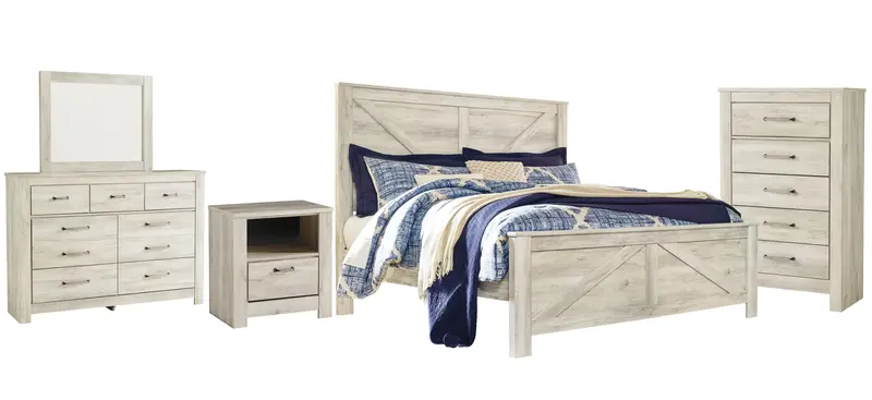 Bellaby Whitewash King Crossbuck Panel Bed Ensemble: Mirrored Dresser, Chest & Nightstand