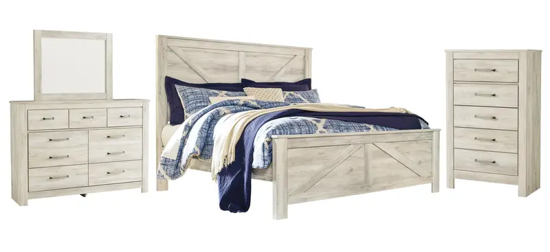 Bellaby Whitewash King Crossbuck Panel Bed with Mirrored Dresser and Chest