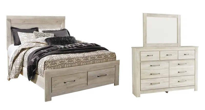 Bellaby Whitewash Queen Platform Storage Bed with Two Drawers and Mirrored Dresser