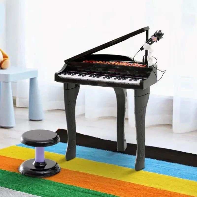 Black 37-Key Kids Keyboard Set – Mini Grand Design with Stool & Mic | HOMCOM