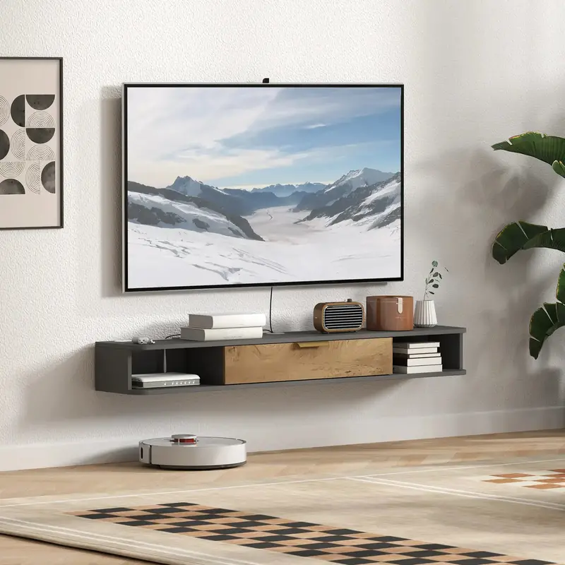 Black-and-Wood Floating TV Cabinet – Space-Saving Media Unit with Cable Management by HOMCOM