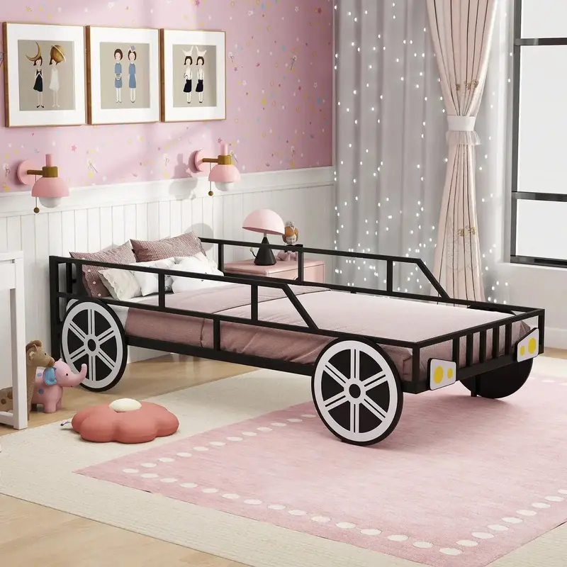Black Car-Shaped Kids Platform Bed with Guardrails and Hidden Storage | COSTWAY