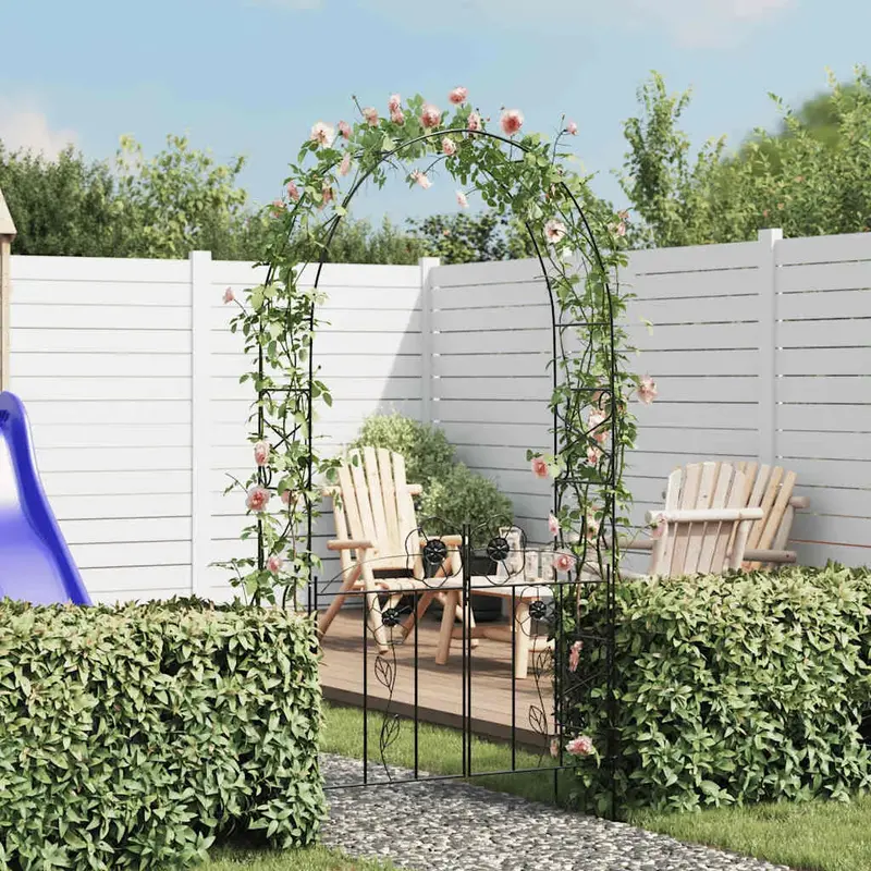 Black Iron Garden Arch with Decorative Gate – Ornamental Flower Arbor for Pathways or Entrances by VIDAXL
