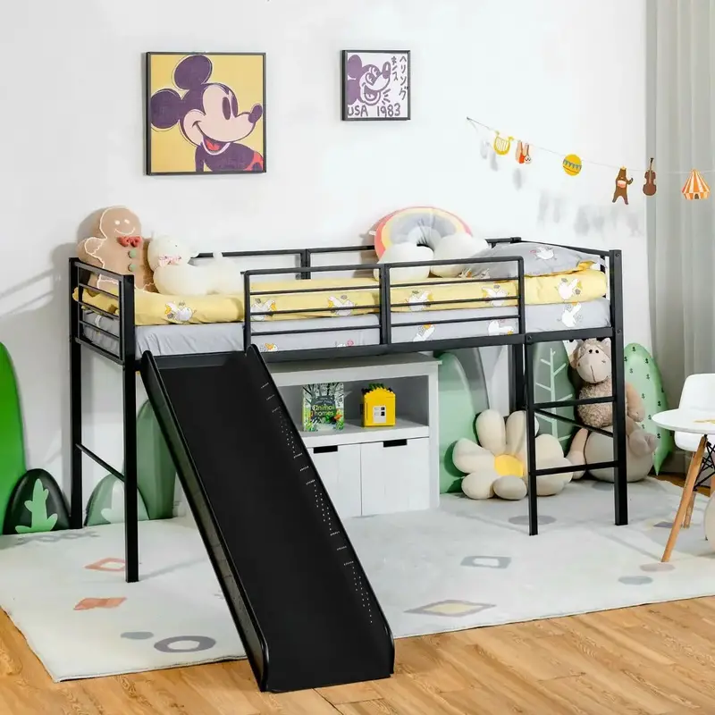Black Kids Loft Bed with Slide – Metal Mid-Sleeper Single Bed Frame & Ladder by COSTWAY