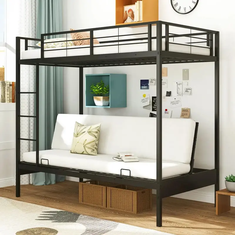 Black Metal Bunk Bed with Futon Lower Tier and Convertible Sofa Function | COSTWAY