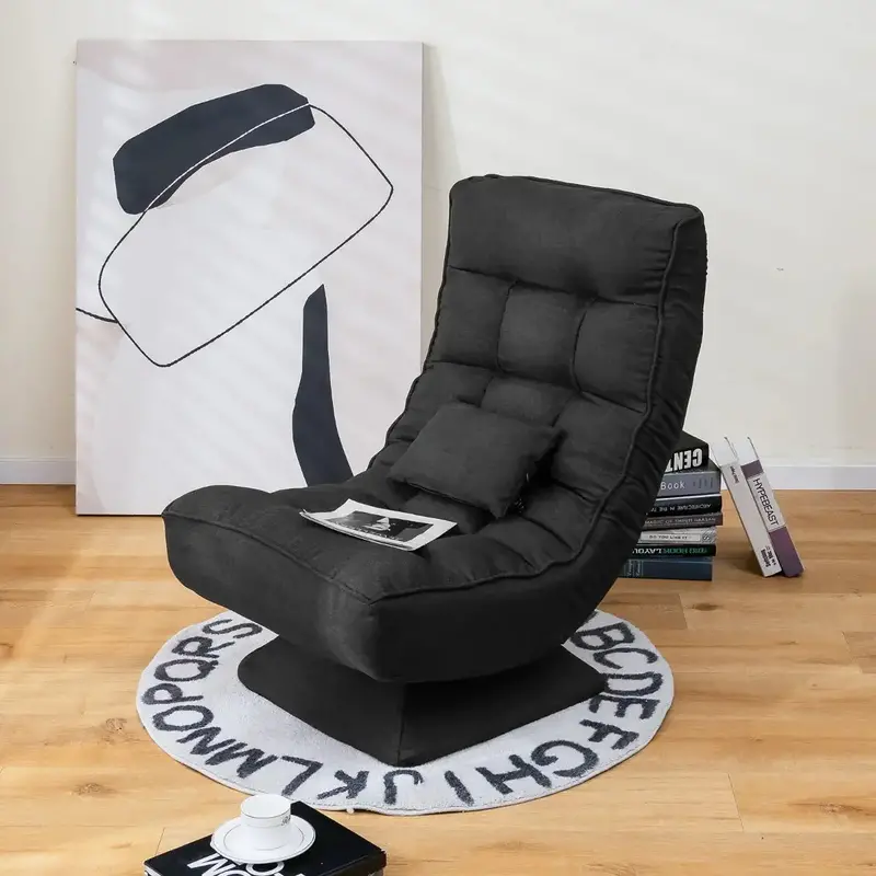 Black Polyester Adjustable Swivel Sofa Chair | 4-Position Recline, 360° Rotation & Lumbar Support Pillow by COSTWAY