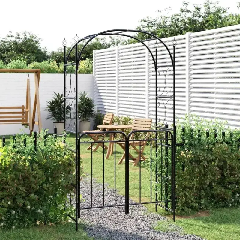 Black Powder-Coated Garden Arch with Integrated Gate – Stylish Arbour Design