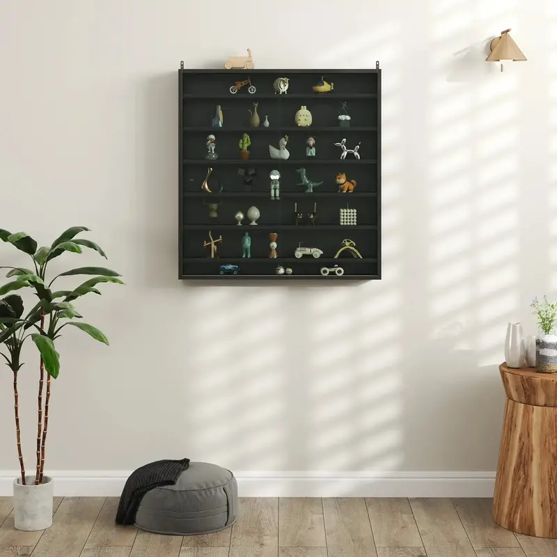 Black Wall-Mounted Display Cabinet – Tempered Glass Doors, Six Customizable Shelves & Particleboard Construction – HOMCOM