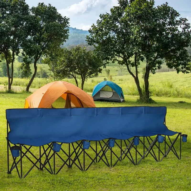 Blue 6-Person Folding Sports Bench – Portable Sideline Seating with Integrated Drink Holders