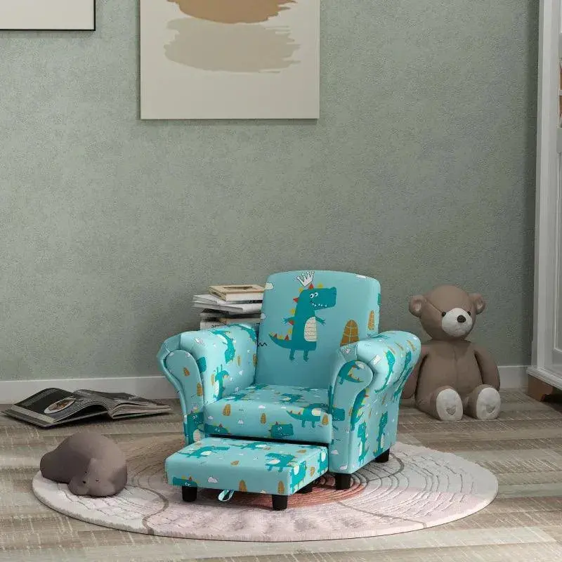 Blue Dinosaur-Print Kids Sofa Set – Two-Piece Living Room Ensemble with Tucking Stool by AIYAPLAY