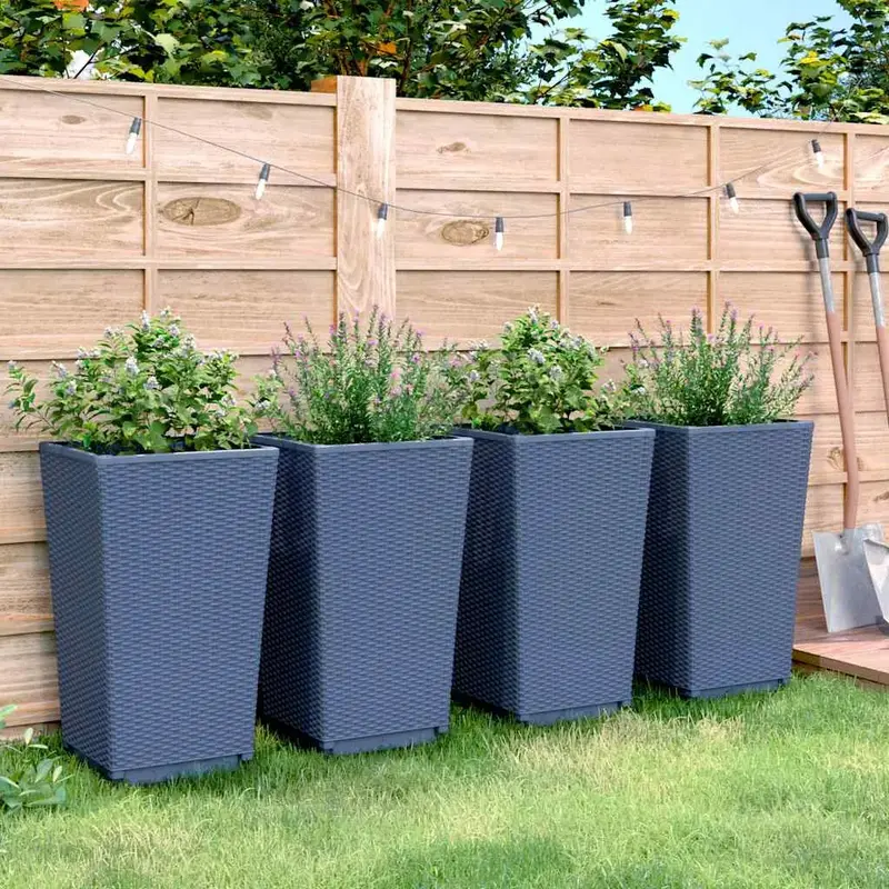 Blue-Grey 4-Piece Rattan-Effect Polypropylene Planter Set