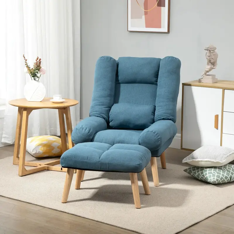 Blue Recliner Chair and Ottoman Set | 3-Position Adjustable Backrest & Natural Wood Legs by HOMCOM