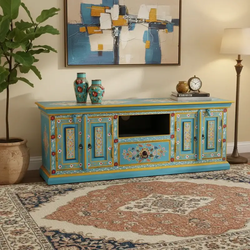 Blue Retro TV Cabinet – Hand-Painted Solid Mango Wood Media Unit by VIDAXL