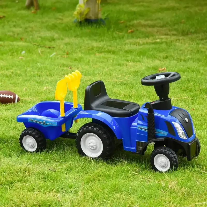 Blue Tractor Ride-On Walker & Stroller for Infants: Foot-to-Floor Mobility with Fork & Shovel Tools | HOMCOM