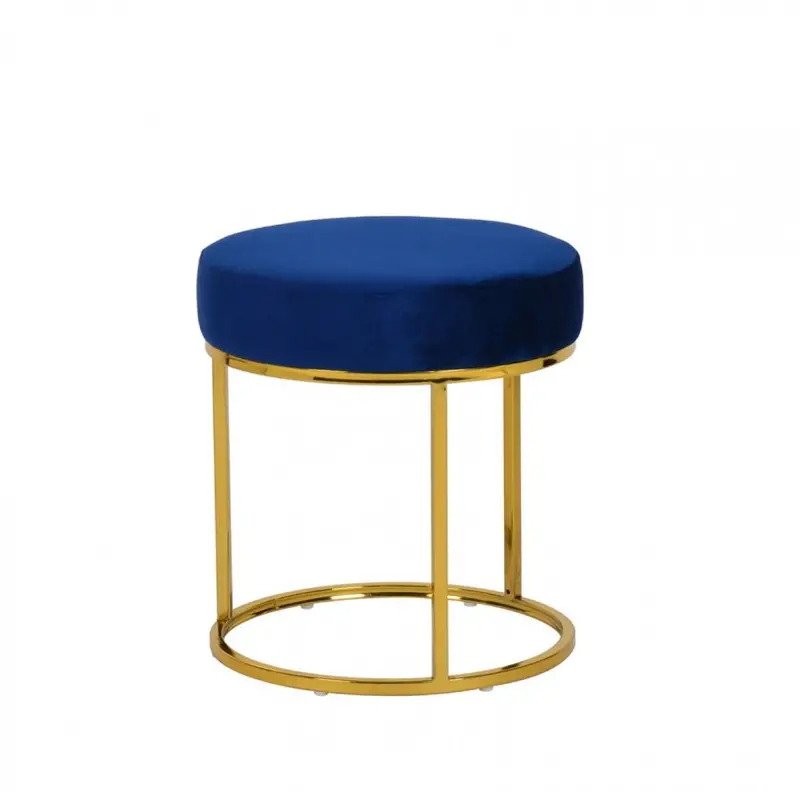 Blue Velvet and Gold-Tone 16-Inch Round Footstool Ottoman