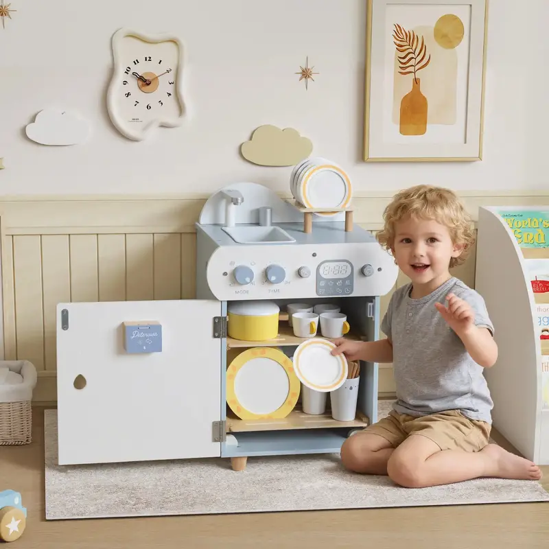 Blue & White Wooden Play Kitchen Set – 32-Piece Role-Play Collection with Dishwasher & Sink Features | AIYAPLAY