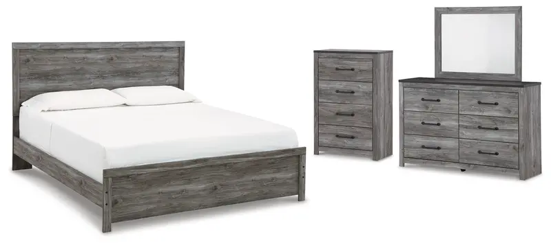 Bronyan Dark Gray King Panel Bed Collection with Mirrored Dresser and Chest