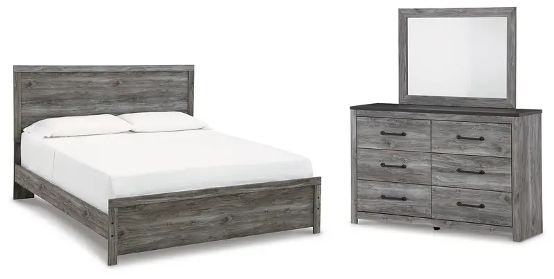 Bronyan Dark Gray King Panel Bed with Matching Mirrored Dresser