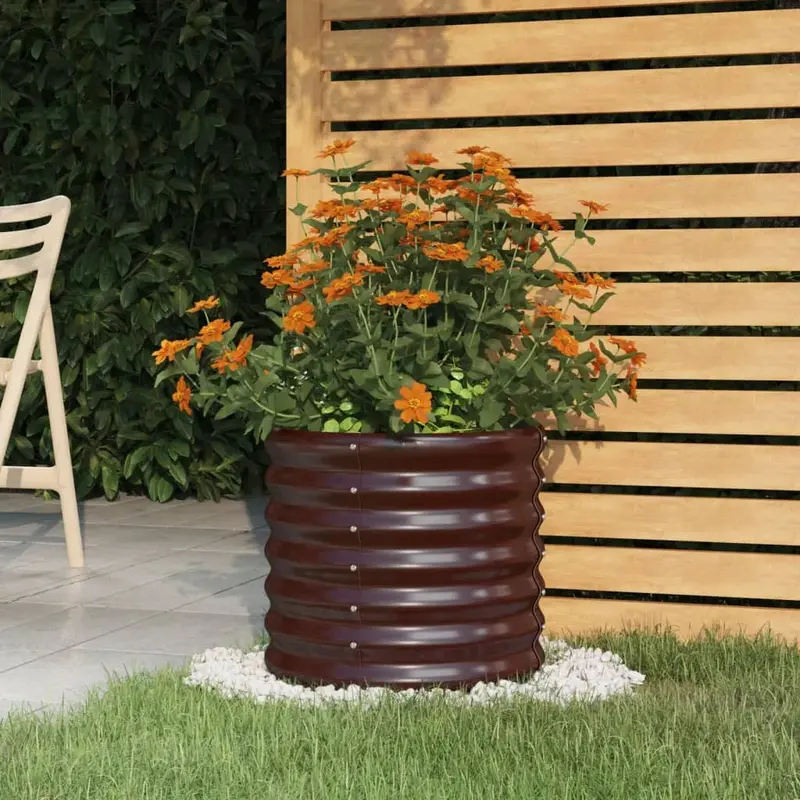 Brown Galvanised Steel Round Planter – Elevated Garden Bed for Patios & Balconies by VIDAXL