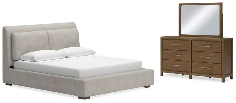 Cabalynn Light Brown California King Upholstered Bed Set with Mirrored Dresser