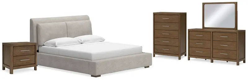 Cabalynn Light Brown California King Upholstered Bed with Mirrored Dresser, Chest & Nightstand