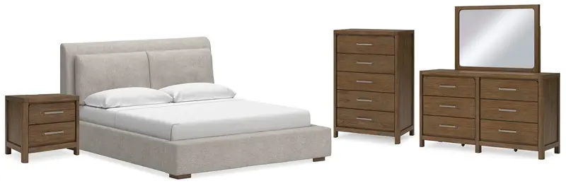 Cabalynn Light Brown King Upholstered Bed with Mirrored Dresser, Chest & Nightstand