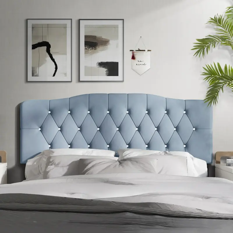 Castle Place Tufted Upholstered Headboard – Light Blue Velvet, Queen Size (New)