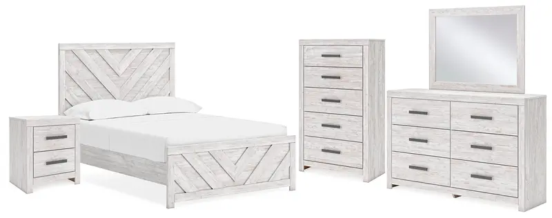 Cayboni Whitewash Full Bedroom Set: Panel Bed, Dresser, Mirror, Chest, Nightstand