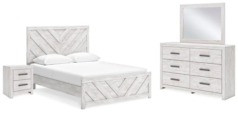 Cayboni Whitewash Queen Panel Bed Set with Mirrored Dresser and Nightstand