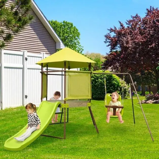 Cedar Wood 4-in-1 Outdoor Play Set | Climbing Fort, Infant Seat, Slide & Ladder by COSTWAY