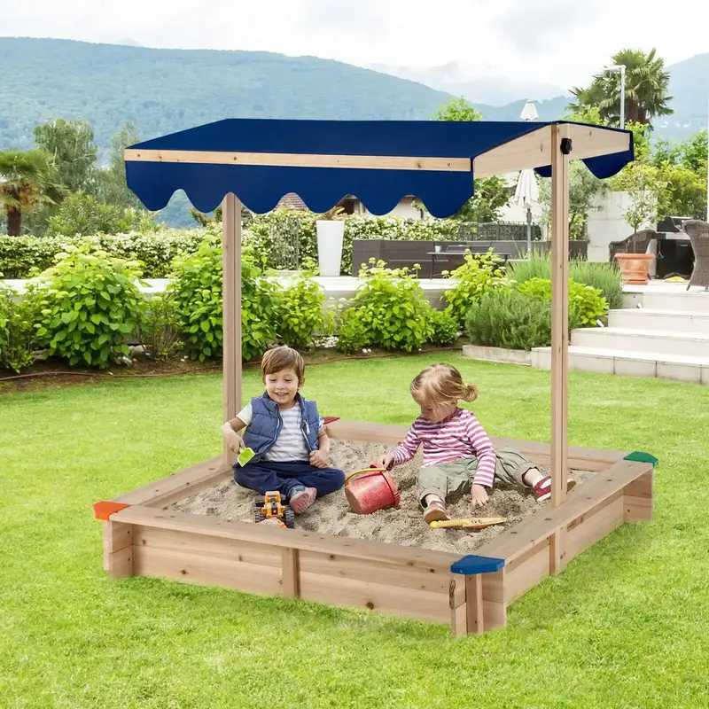 Cedar Wood Kids’ Sandbox with Adjustable Canopy – Built-in Bench Seating for Outdoor Play | COSTWAY