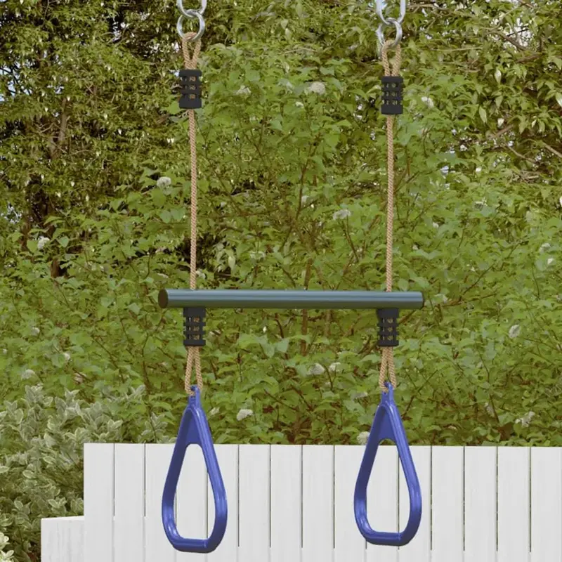 Child-Safe Trapeze Bar with Gym Rings – Blue & Forest Green Steel Frame for Ages 3–10