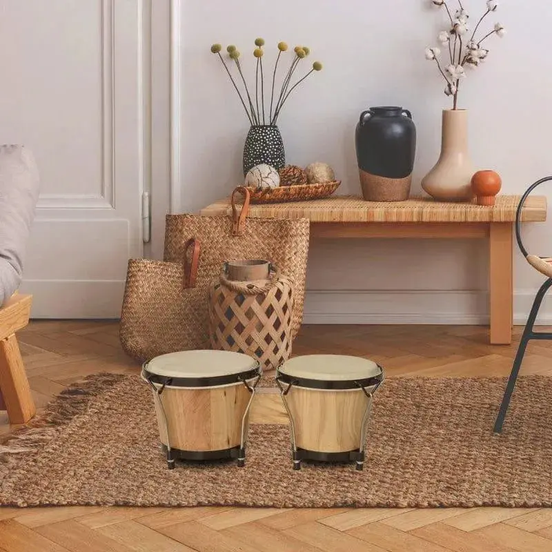 Classic Bongo Drum Set with Natural Sheepskin Heads – Duo Configuration Includes Tuning Wrench by HOMCOM