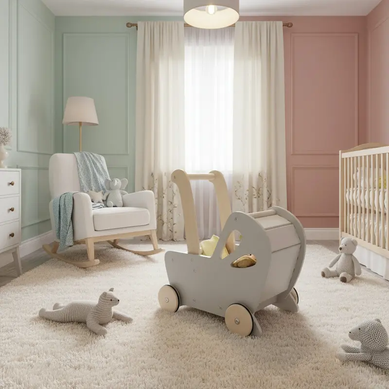 Classic Off-White Wooden Pram – Flat-Pack Baby Walker with Rubber Wheels