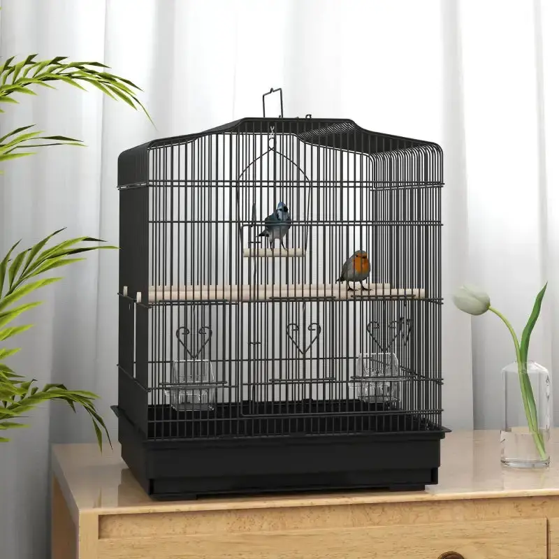 Compact Black Bird Cage for Small Parrots & Budgies – Thoughtfully Designed Aviary with Perches, Swing & Feeding Bowls by PAWHUT