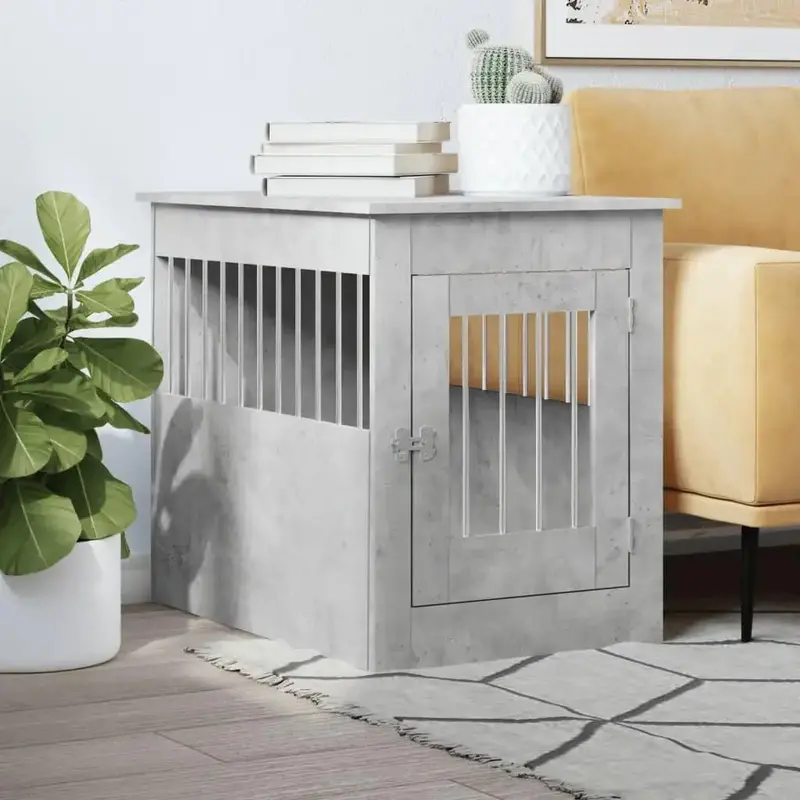 Concrete-Grey Dog Crate End Table – Stylish Engineered Wood Pet Enclosure (Up to 50kg)