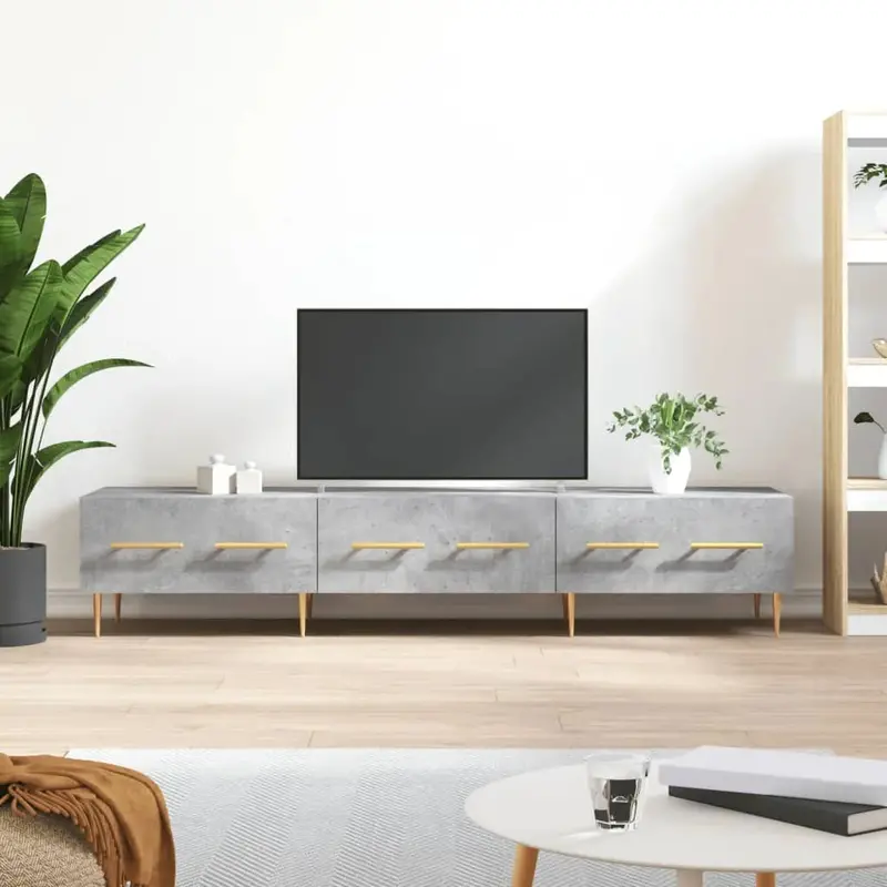 Concrete Grey TV Cabinet – Industrial-Style Media Unit Featuring Iron Legs and Ample Storage