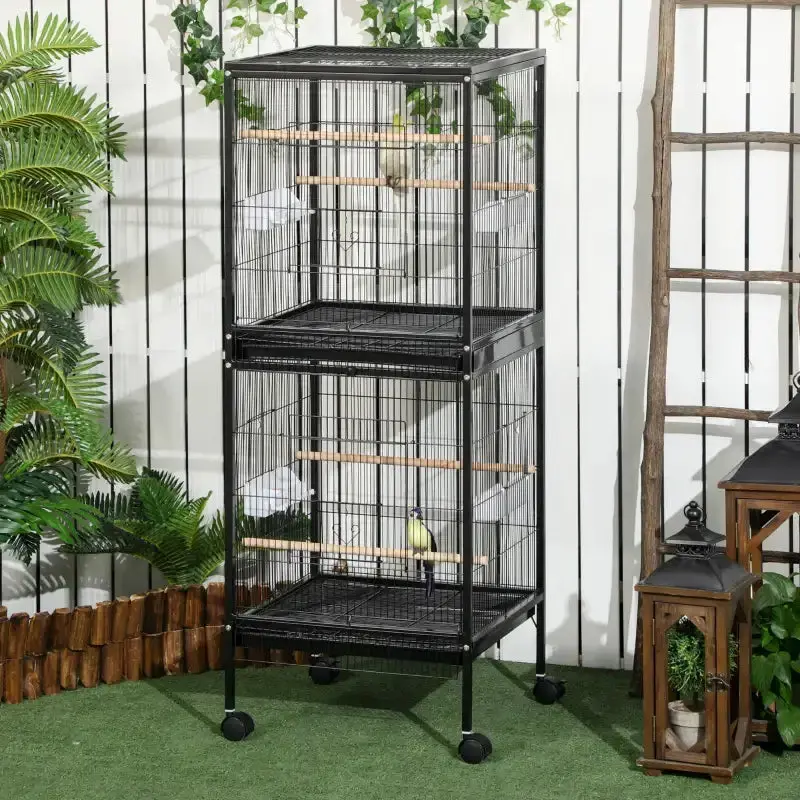 Convertible Black Bird Cage on Wheels – Spacious Dual-Species Habitat for Finches and Budgies