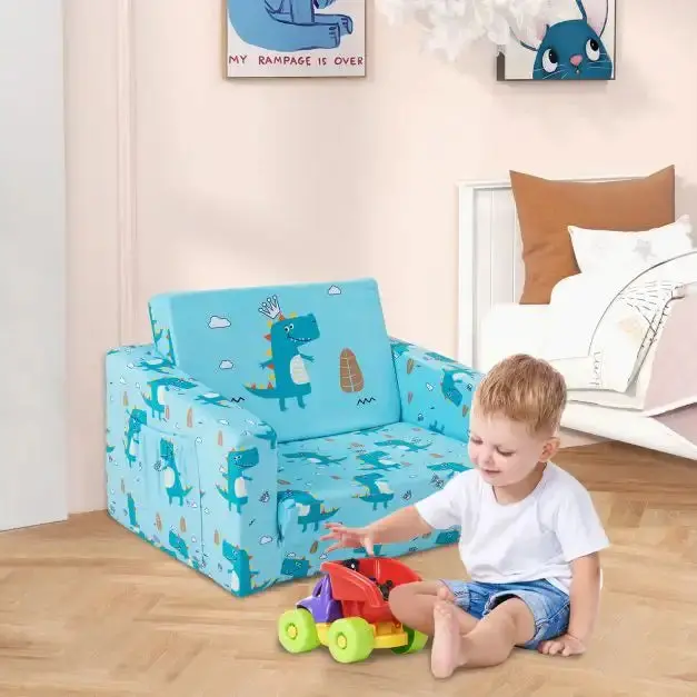 Convertible Dinosaur-Themed Toddler Sofa in Blue with Built-In Storage Pockets | COSTWAY