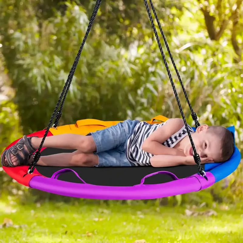 COSTWAY 100 cm Saucer Swing Net – Colorful Hanging Seat with Pillow Support & Adjustable Height
