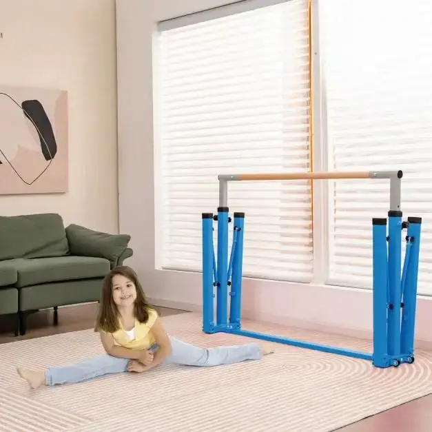 COSTWAY Adjustable Kids Gymnastics Bar – Blue Steel Frame, 13 Height Levels