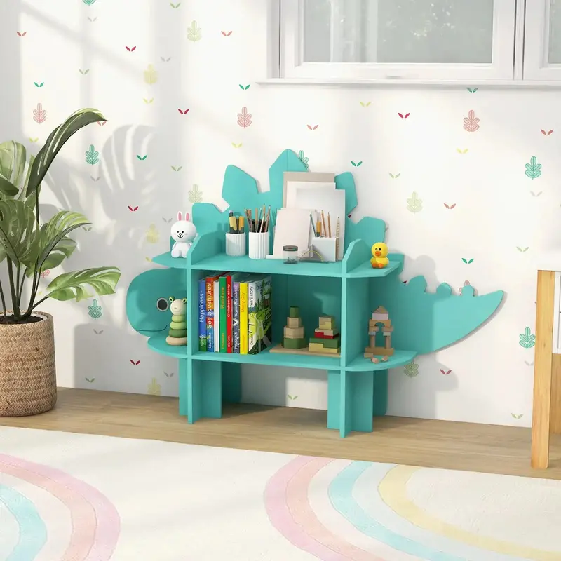 COSTWAY Dinosaur Bookshelf – Green 2-Tier Storage Shelf with Anti-Tip Safety Feature